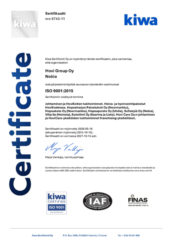 ISO 9001:2015 -laadunhallintajärjestelmän sertifikaatti.
